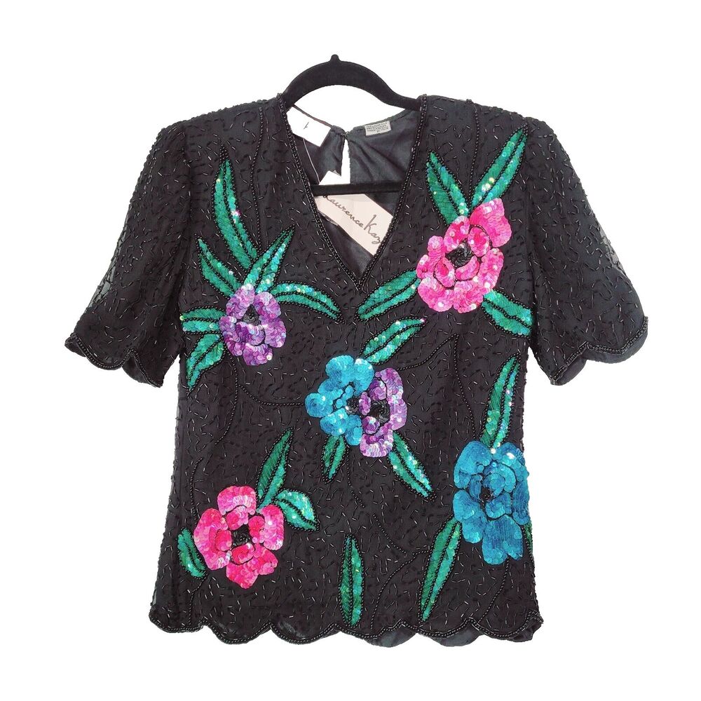 Silk‎ Beaded Lawrence Kazar Top P Sequin V Neck Scallop Vtg Event NWT Maximalist